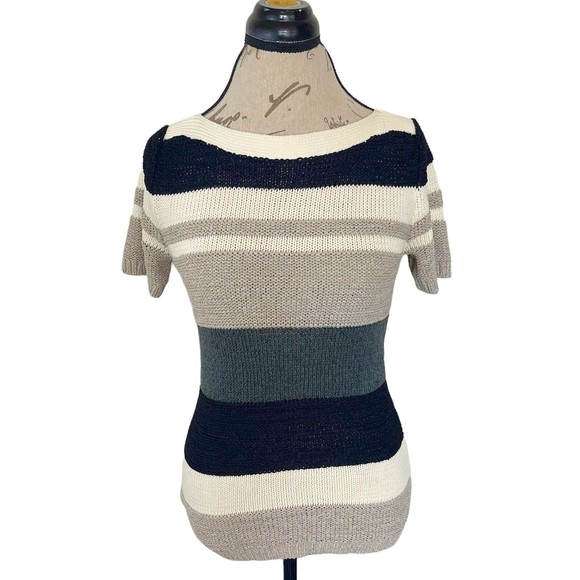 Ann Taylor Womens Sweater Knit Striped   XS Colorblock Short Sleeve Cable Chain - Picture 1 of 12